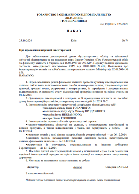 наказ проведення інвентаризації зразок