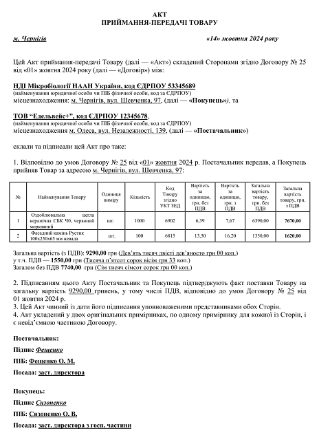 зразок складання Акту приймання-передачі товару