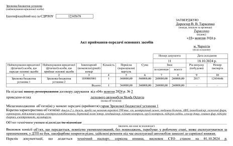 акт приймання передачі основних засобів – зразок