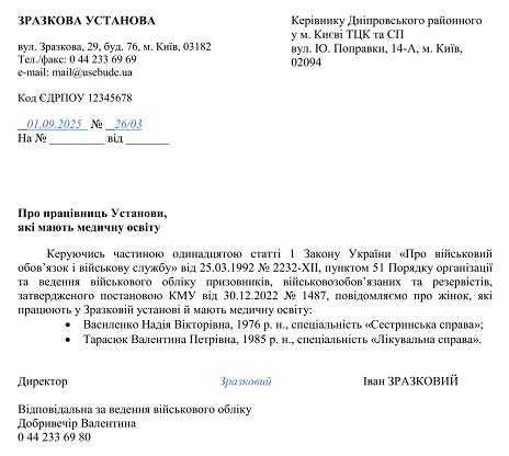Лист до ТЦК про жінок, які мають медичну або фармацевтичну освіту