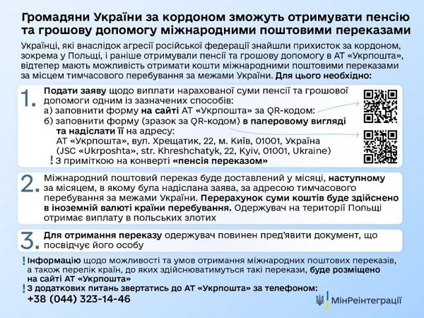 Українці за кордоном зможуть отримувати пенсію міжнародним поштовим переказом