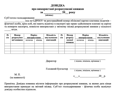 Довідка про використані розрахункові книжки бланк