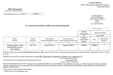 Акт на списання основних засобів зразок заповнення