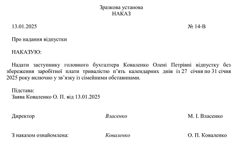 Наказ про відпустку без збереження зарплати