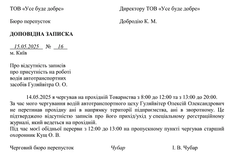 доповідна записка відсутність на роботі