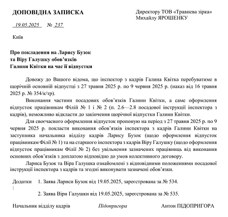 доповідна записка про виконання обов’язків