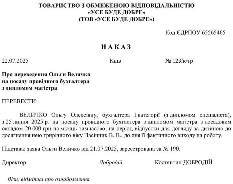 Зразок наказу про тимчасове переведення на іншу посаду