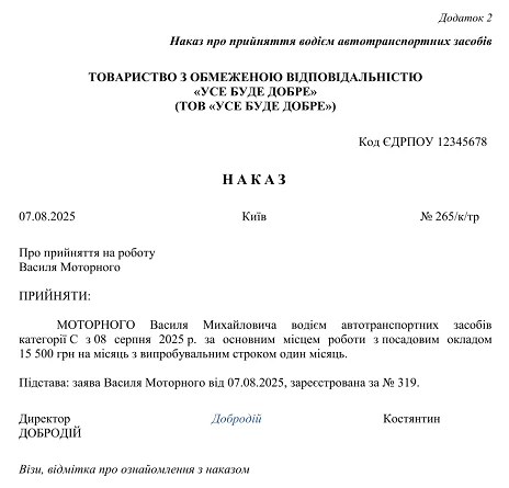 Наказ про прийняття на роботу приклад