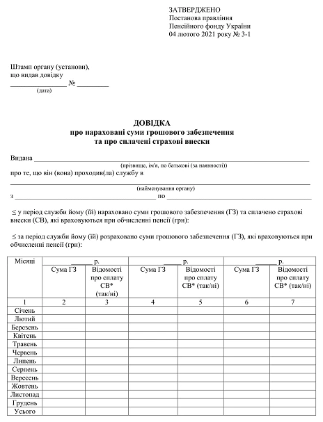 Довідка про нараховані суми грошового забезпечення та про сплачені страхові внески