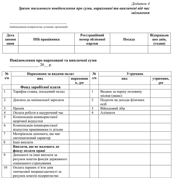 Повідомлення про суми, нараховані та виплачені під час звільнення