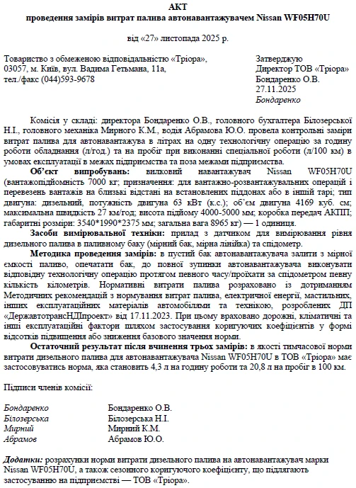 Акт проведення замірів витрат палива зразок заповнення