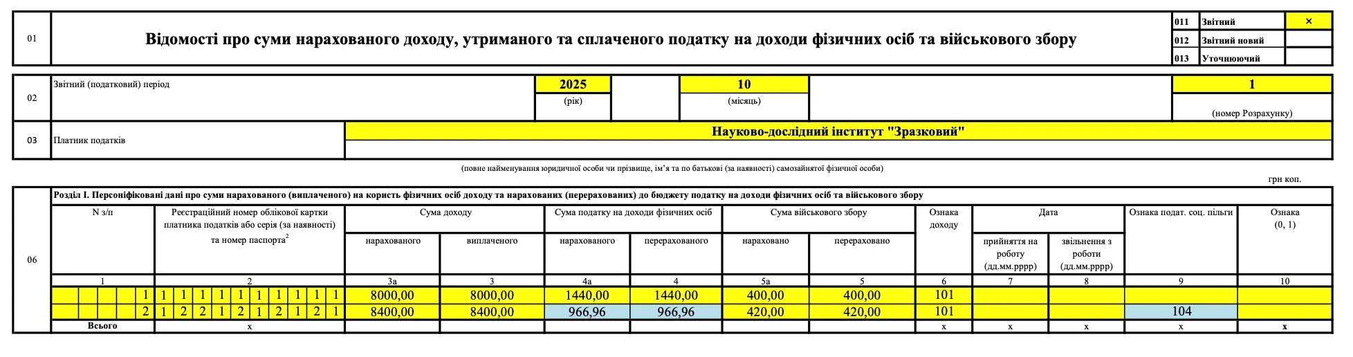 Зразок заповнення додатка 4ДФ Податкового розрахунку