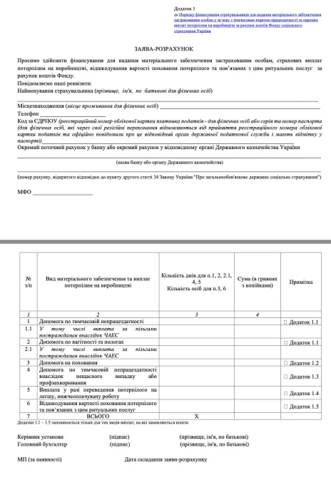 Заява-розрахунок на виплату лікарняних — бланк