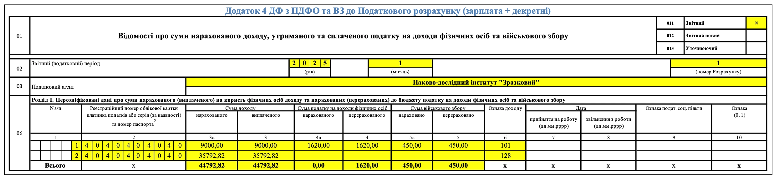 Додаток 4 ДФ з ПДФО та ВЗ до Податкового розрахунку (зарплата + декретні)