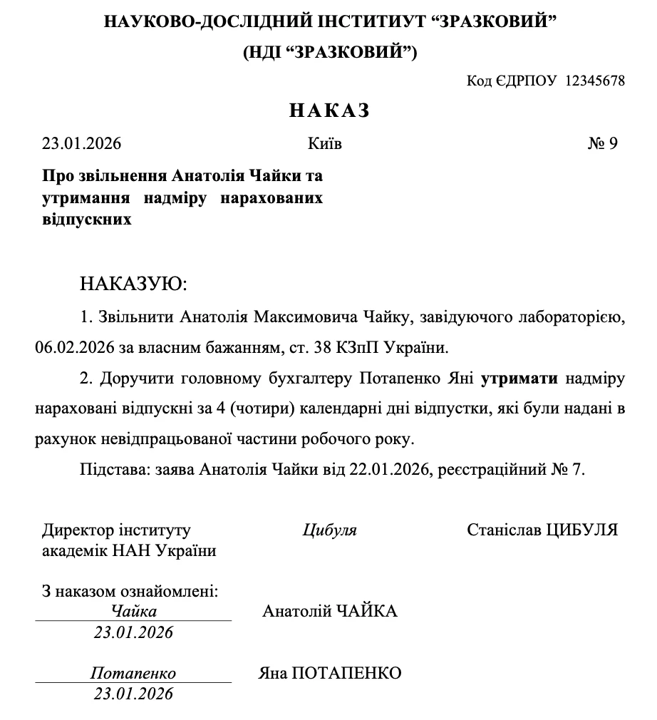 Зразок наказу про звільнення та утримання надміру виплачених відпускних
