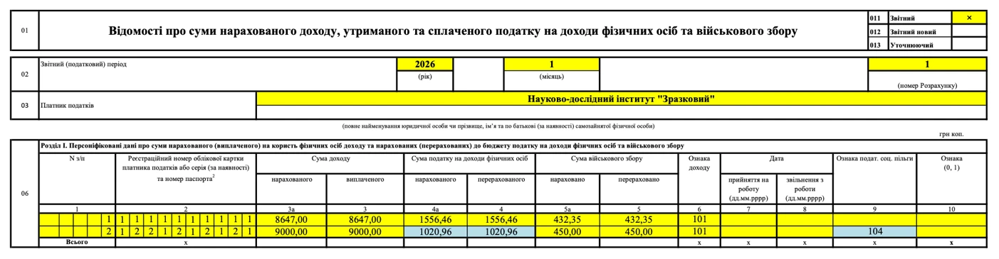 Зразок заповнення додатка 4ДФ Податкового розрахунку