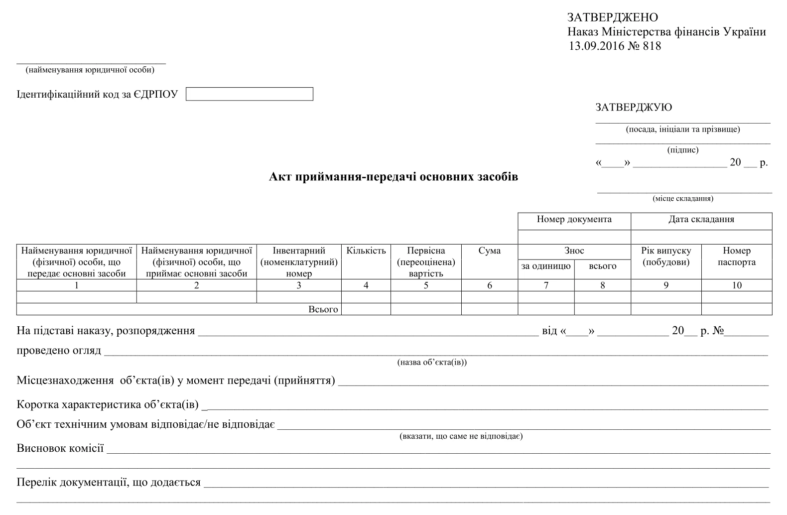Акт приймання-передачі основних засобів