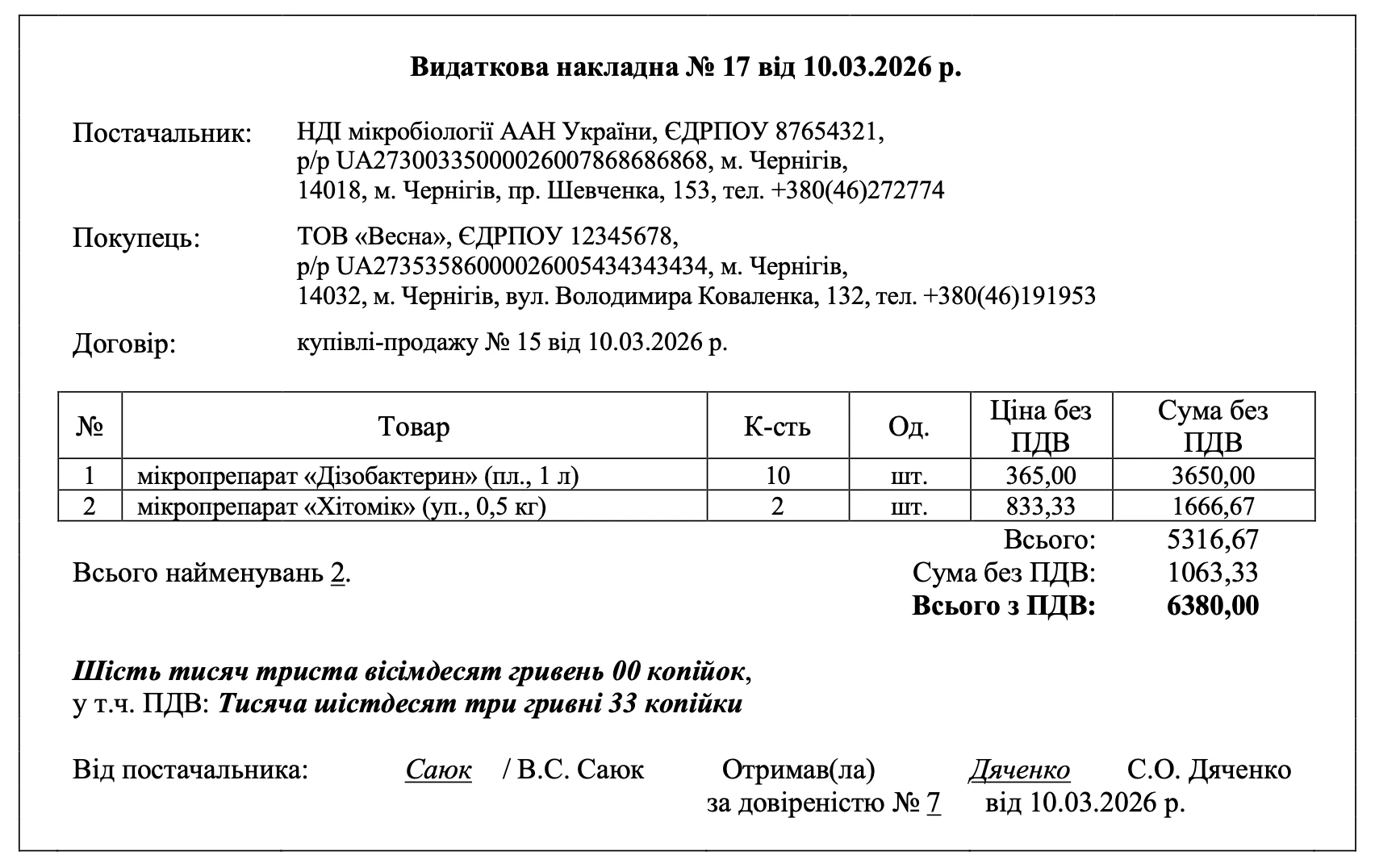Видаткова накладна ЗРАЗОК