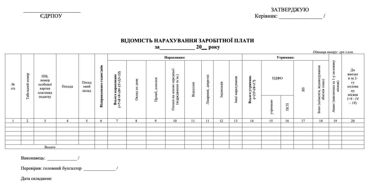 Відомість нарахування зарплати БЛАНК