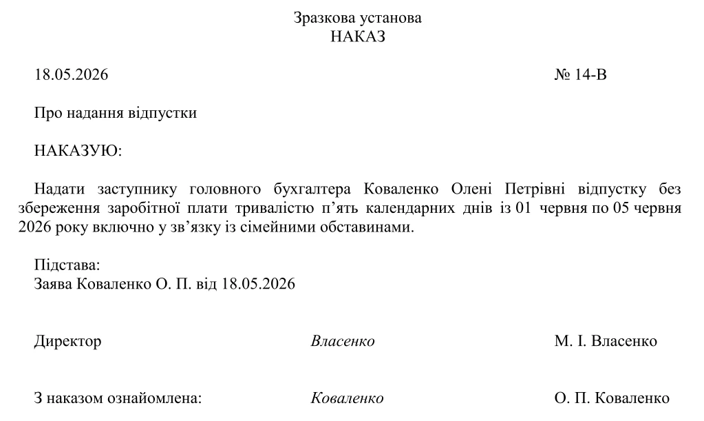 Зразок наказу на відпустку без збереження зарплати
