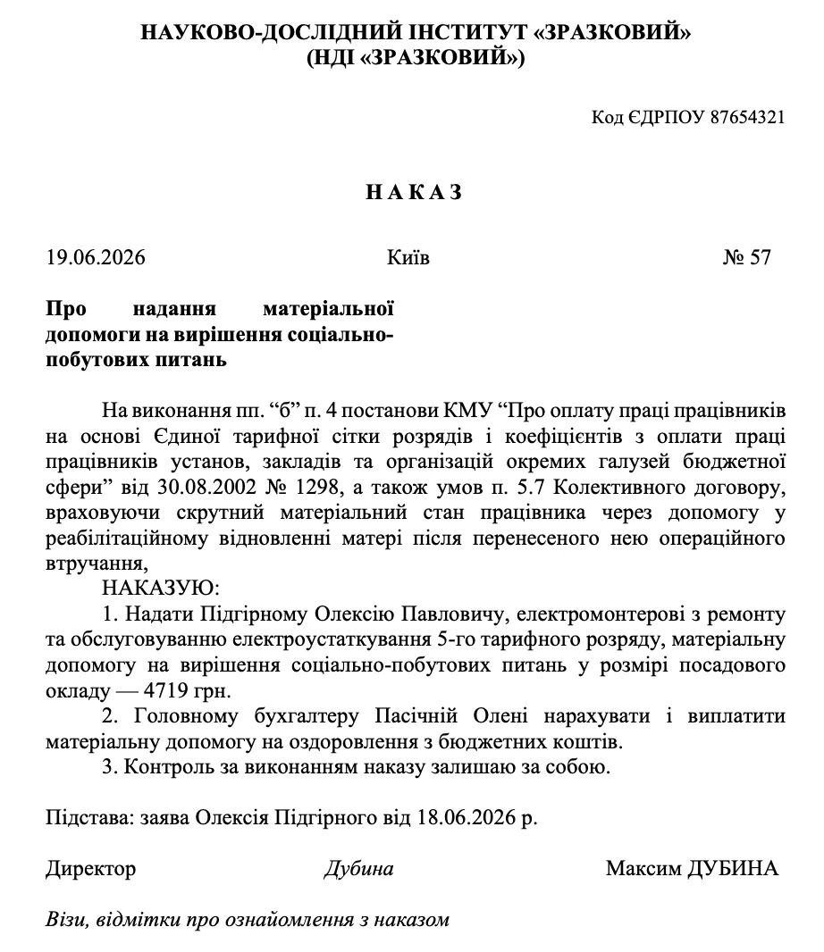 Зразок наказу про надання матеріальної допомоги на вирішення соціально-побутових питань