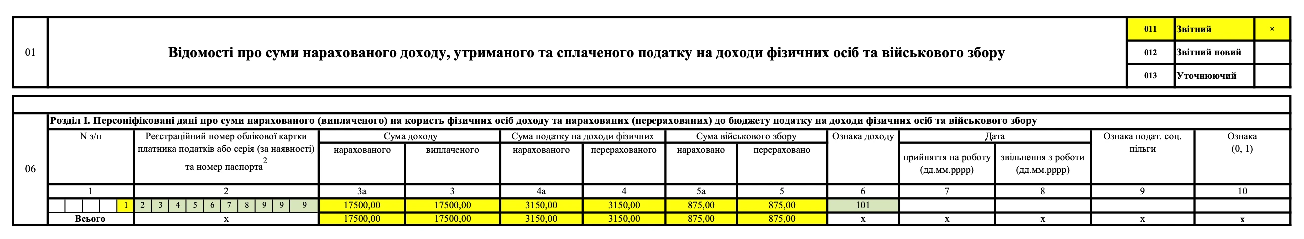 Зразок заповнення Додатка 4ДФ (один працівник)