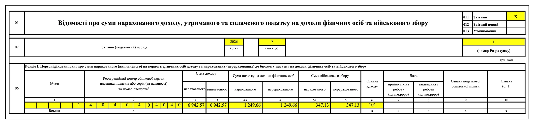 Відпустка за власний рахунок за частину місяця в Податковому розрахунку. Додаток 4ДФ