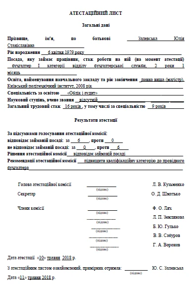 Атестаційний лист зразок