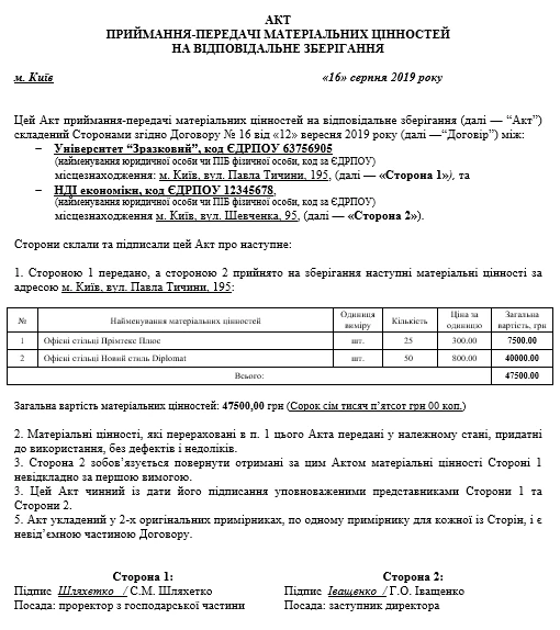 Образец заполнения акта приема-передачи материальных ценностей