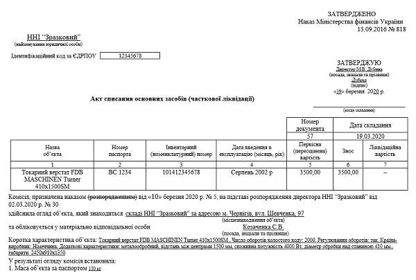 Акт списання основних засобів 2020: особливості заповнення ЗРАЗОК Акта на списання ОЗ 2020