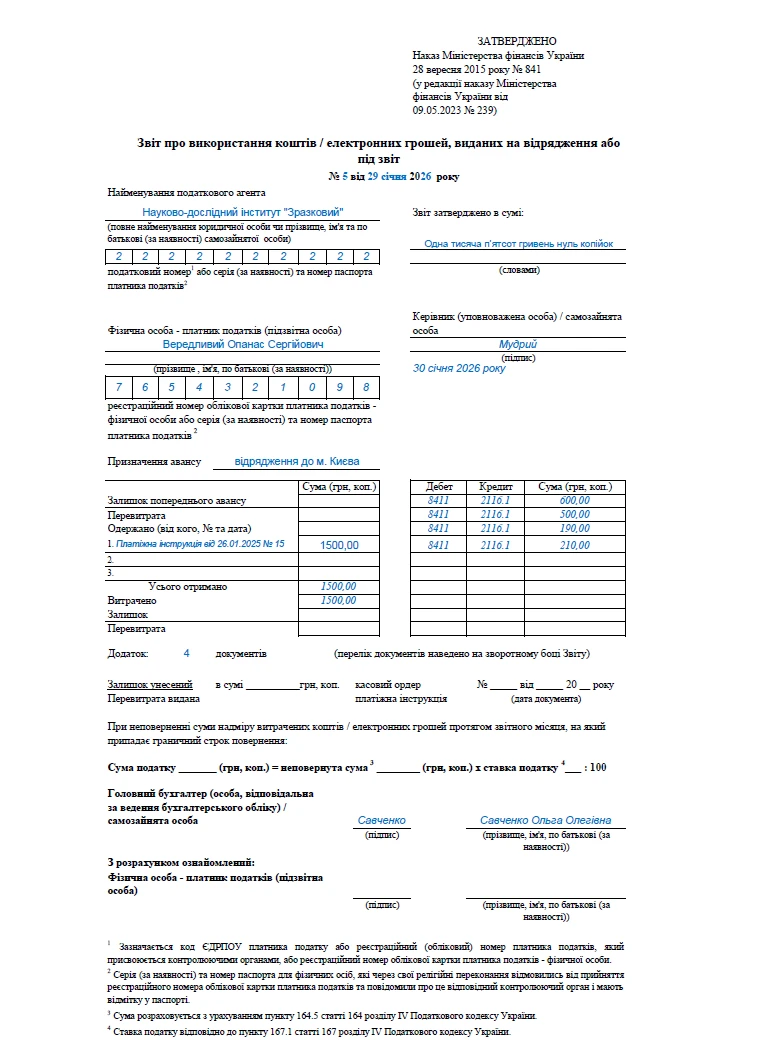 Авансовий звіт у 2026 році: бланк та приклад заповнення