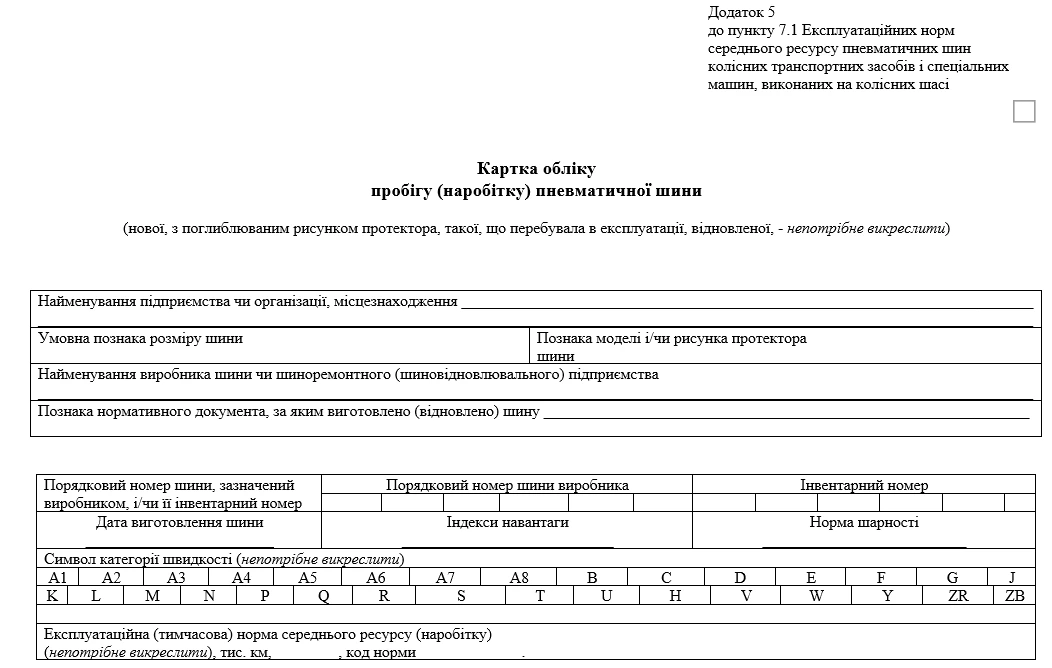 Картка обліку шин бланк скачати
