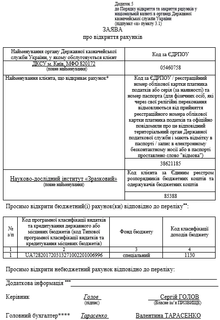 Заява про відкриття та закриття рахунків