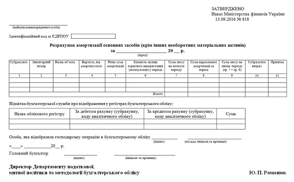 Розрахунок амортизації основних засобів