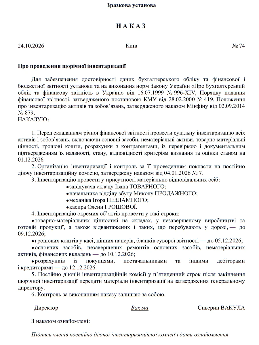 Наказ про проведення щорічної інвентаризації