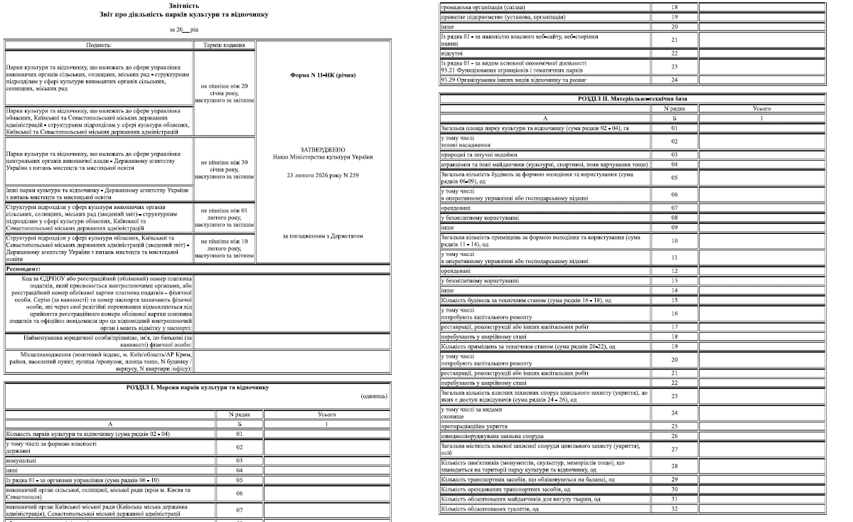Про діяльність парків культури та відпочинку за 2025 рік звітуйте за новою формою
