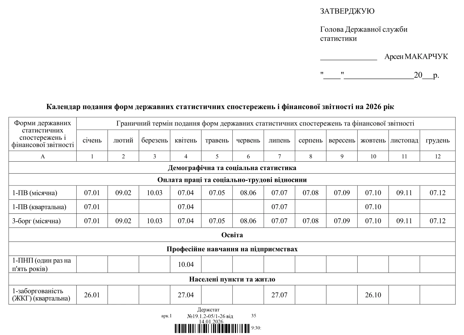Статзвітність 2026: календар