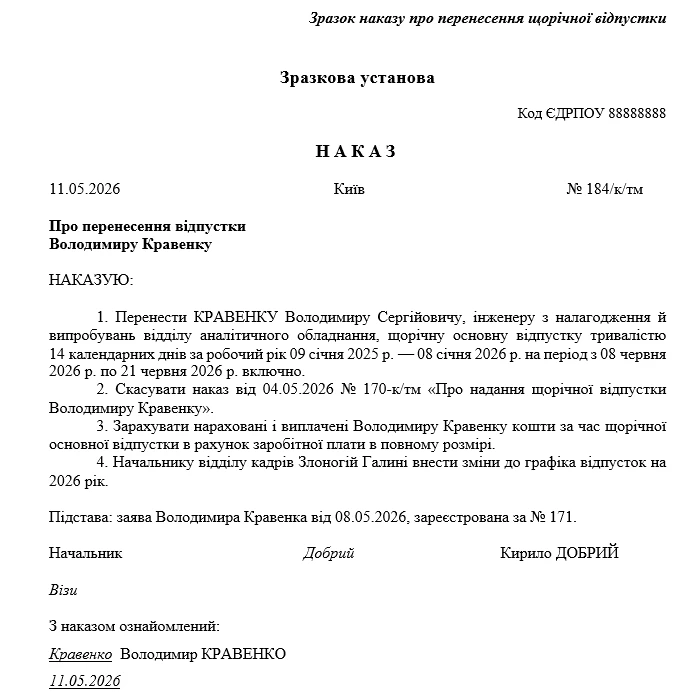 Перенесення щорічної відпустки у 2026 році: зразки