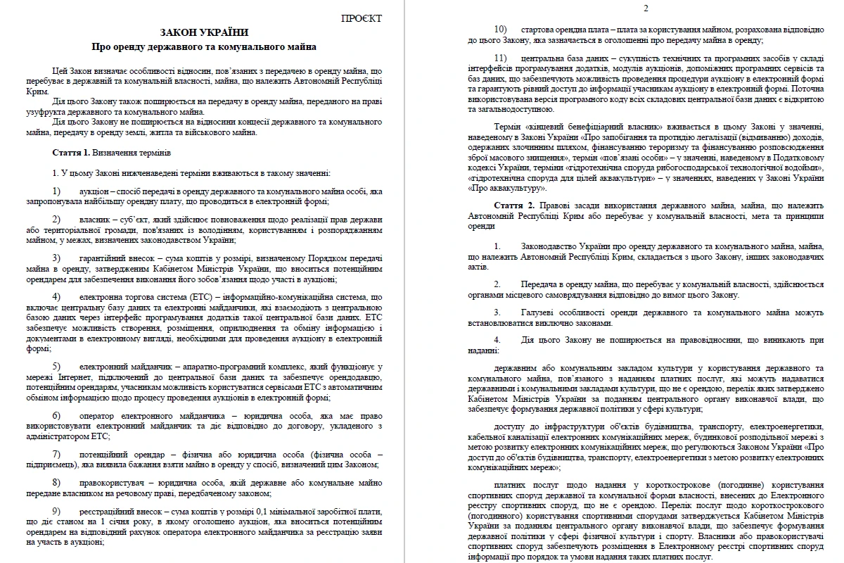 Оренда державного та комунального майна: новий доопрацьований законопроєкт
