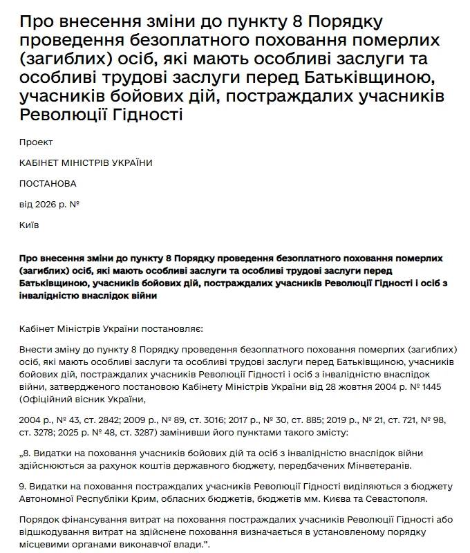 Поховання УБД: видатки планують перекласти з місцевого бюджету на державний