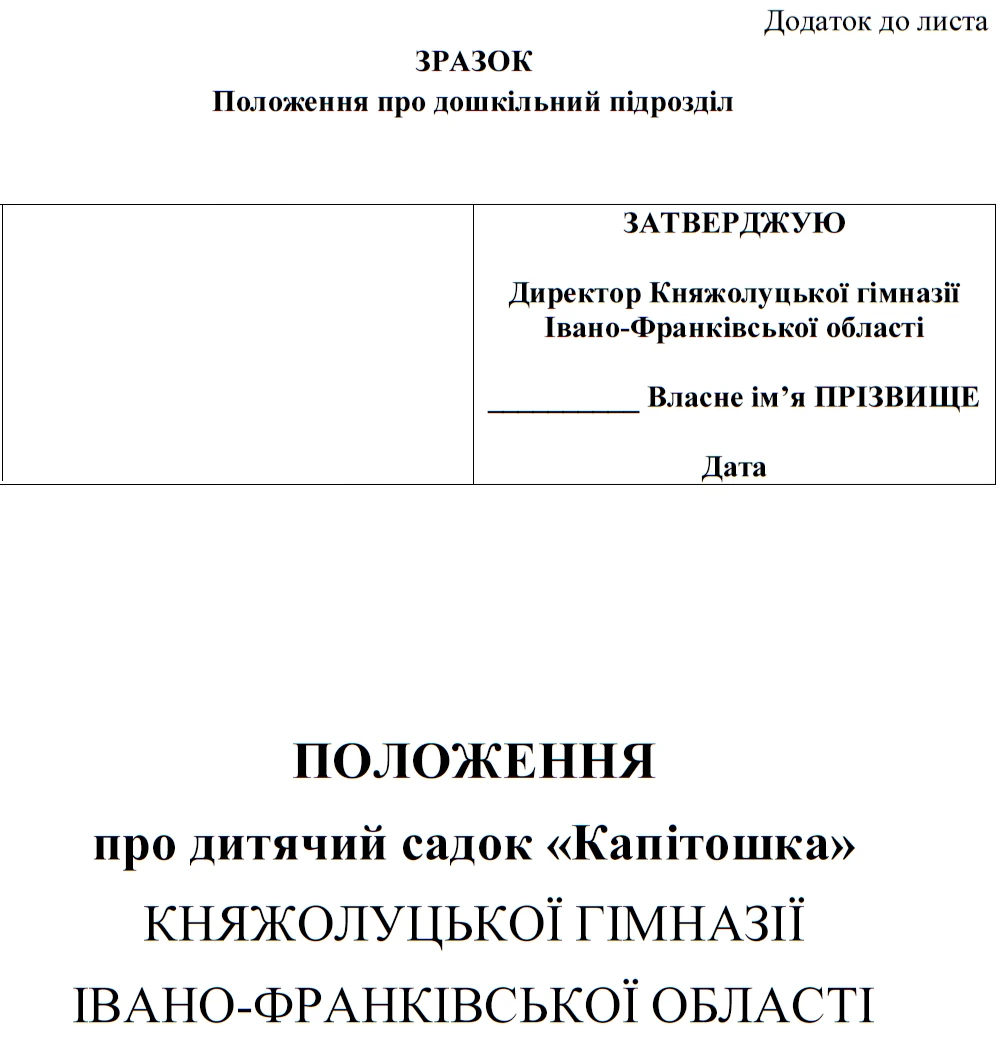 Зразок Положення про дошкільний підрозділ