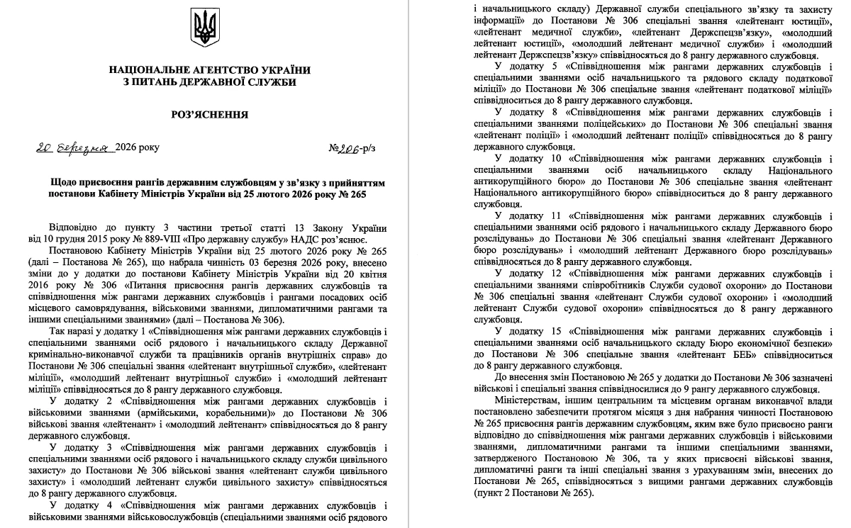 Про присвоєння рангів за окремими військовими і спеціальними званнями — роз’яснює НАДС